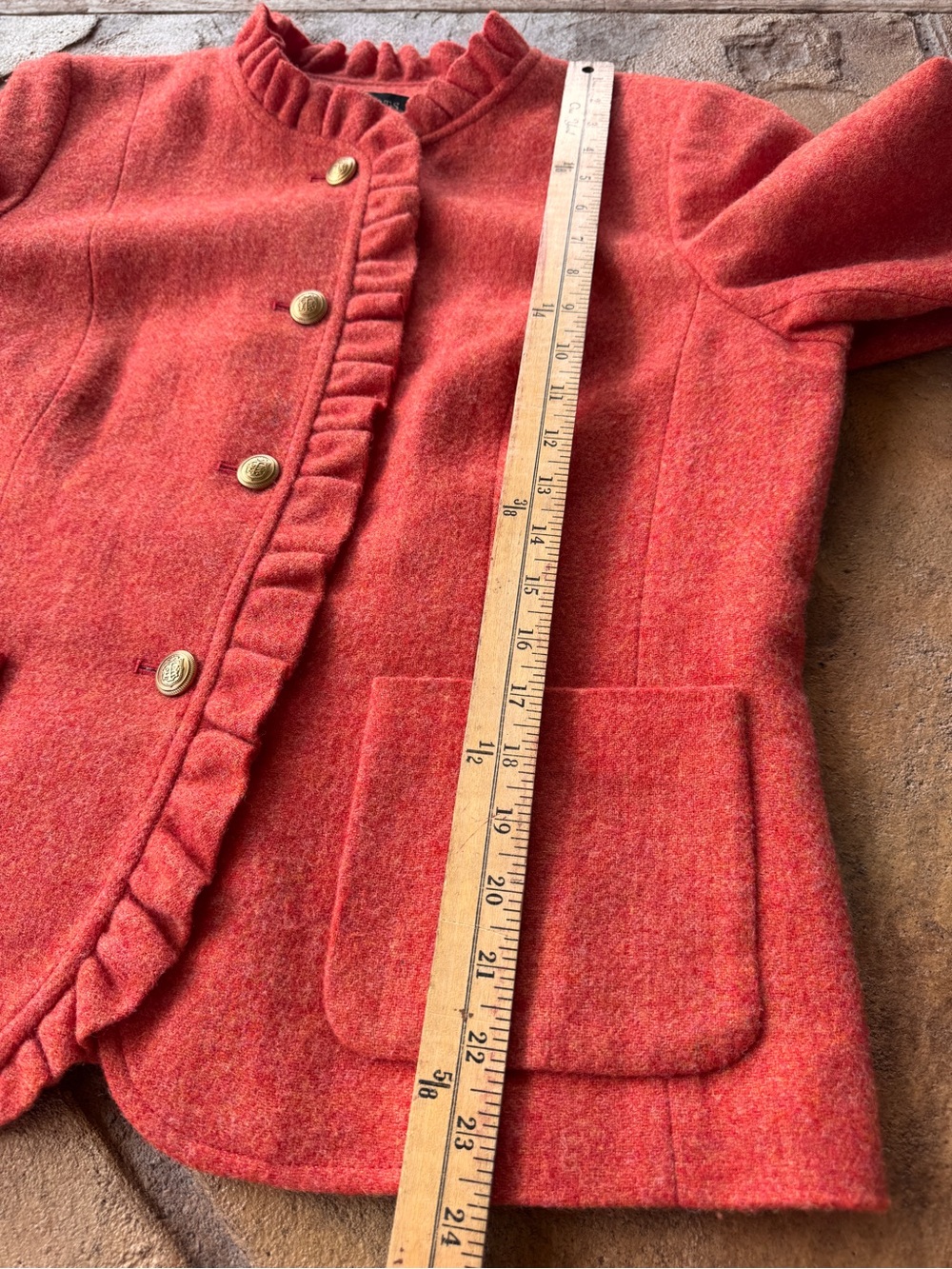 Talbots Petites 16P Wool Blend Ruffle Trim Jacket Coral Pink Button Front Lined - Picture 14 of 15